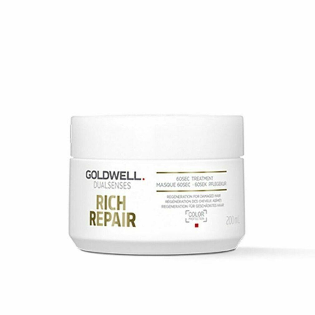 Goldwell Dualsenses Rich Repair. Vaso bianco con testo dorato. Scritto: 60sec Treatment, Rigenerazione capelli danneggiati. Color Protection.