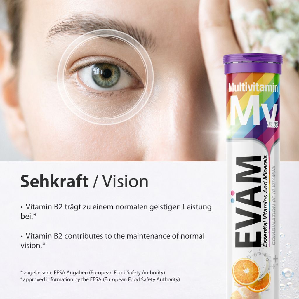 Auge. Brausetablette EVÄM. Text: Sehkraft/Vision. Informationen zu Vitamin B2.