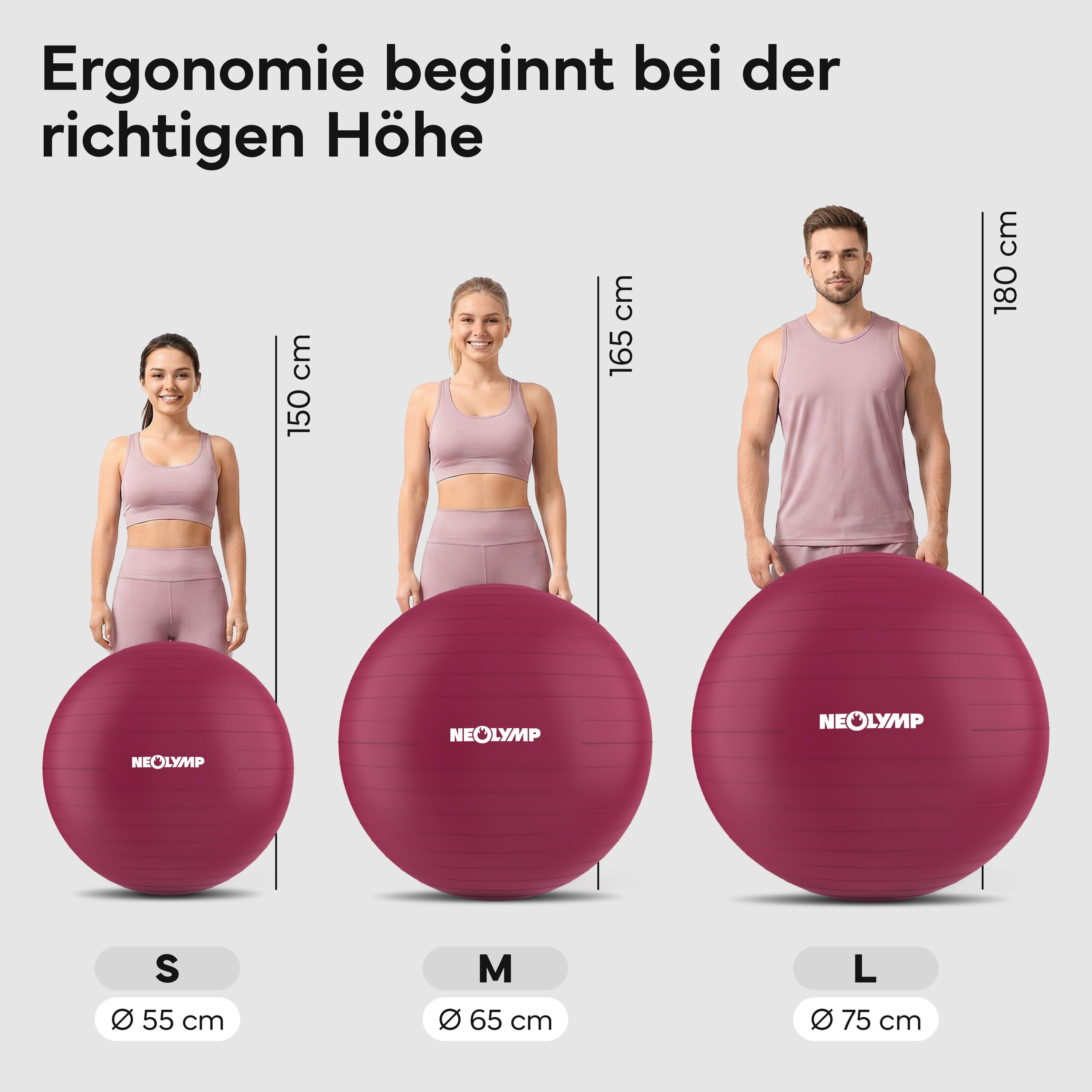 Größenvergleich von Gymnastikbällen (S, M, L) mit Körpergrößen.