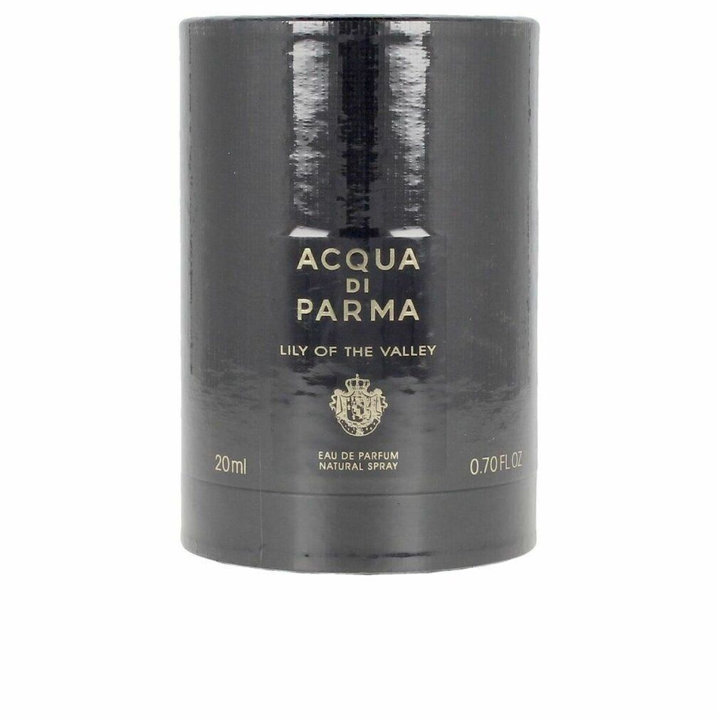 Schwarze zylindrische Verpackung. Aufschrift: Acqua Di Parma, Lily Of The Valley, Eau de Parfum Natural Spray. Volumen: 20ml/0.70 fl oz.