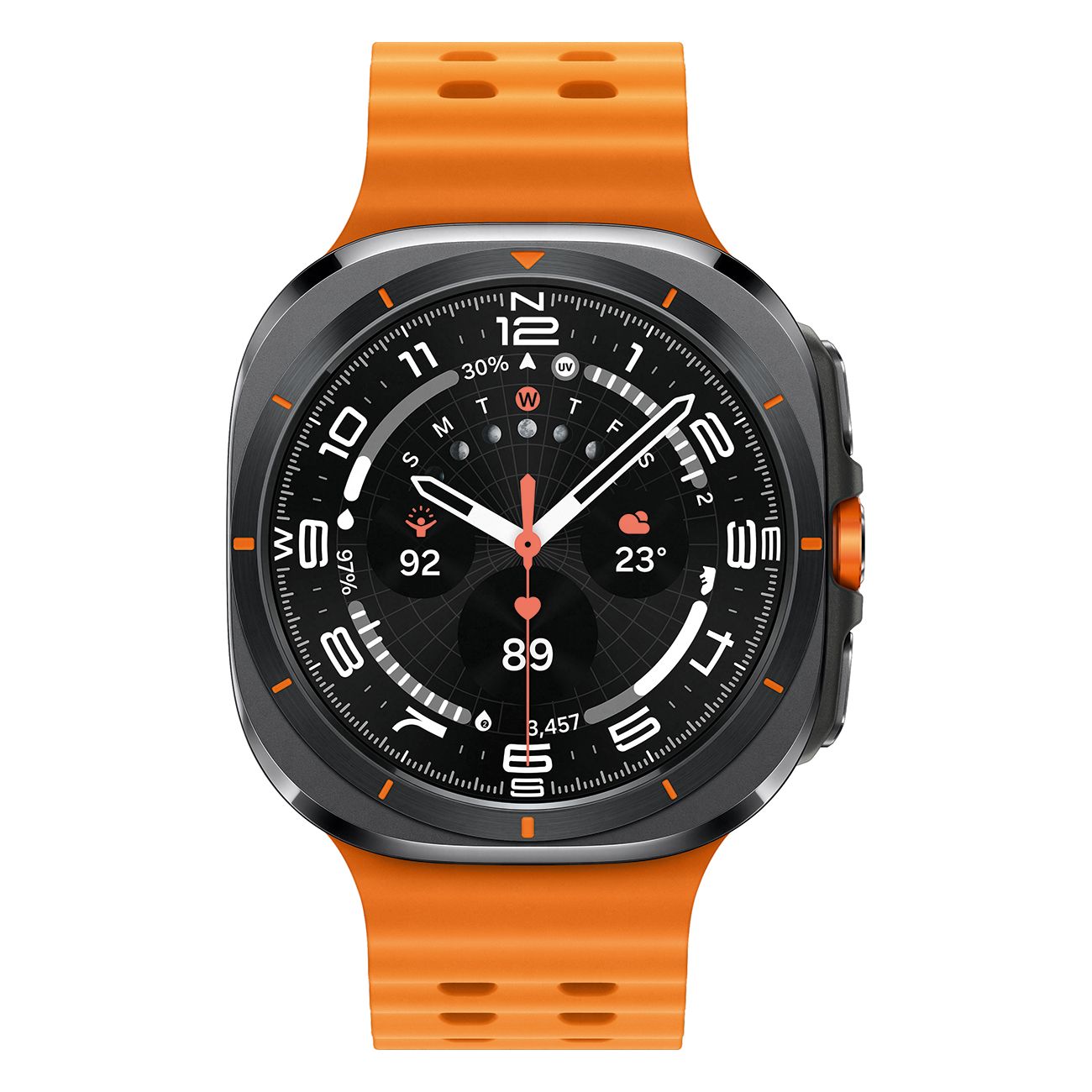 Smartwatch mit orangefarbenem Armband. Schwarzes Gehäuse, Zifferblatt mit Zahlen und Anzeigen.
