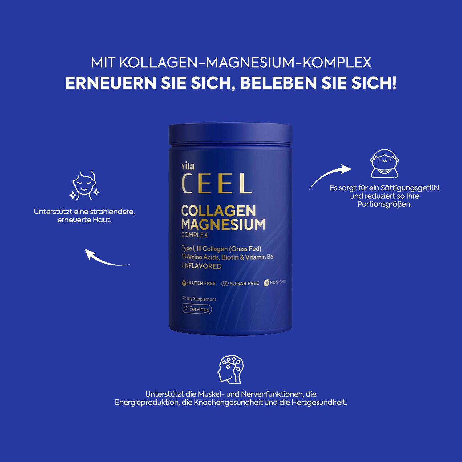 Eine blaue Dose CEEL COLLAGEN MAGNESIUM COMPLEX mit Pfeilen, die Vorteile wie Hautstraffung und Sättigung zeigen.