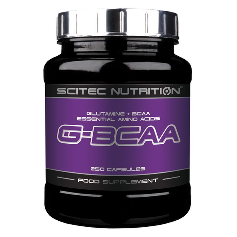 Schwarze Dose mit silbernem Deckel. Auf dem lila Etikett steht "SCITEC NUTRITION", "G-BCAA", "250 Capsules" und "Food Supplement".