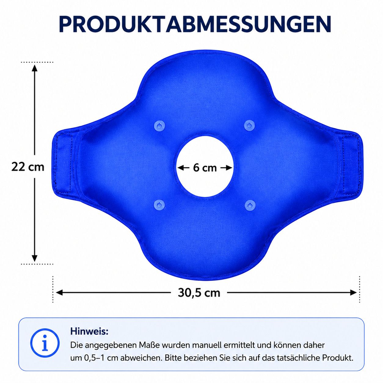 Blaues Nackenkissen mit den Maßen 30,5 cm x 22 cm und einem 6 cm großen Loch in der Mitte.