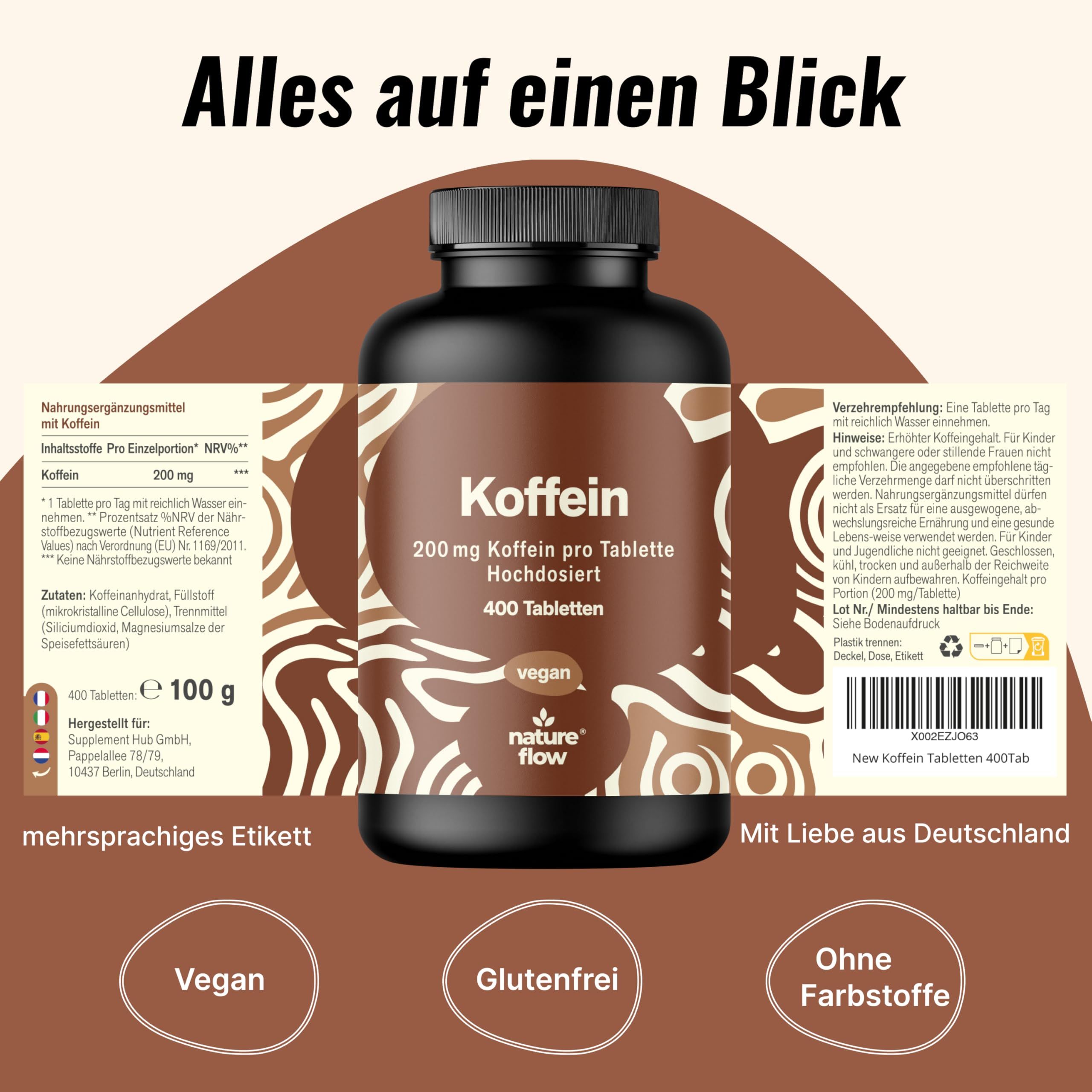 Produktflasche Koffein mit mehrsprachigem Etikett. Text: Vegan, glutenfrei, ohne Farbstoffe. Marke: nature flow.