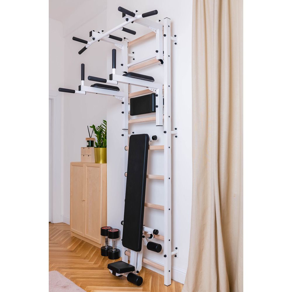Fitness-System mit Sprossenwand, Klimmzugstange, Dip-Barren und Trainingsbank. Zusätzliche Elemente für das Training.