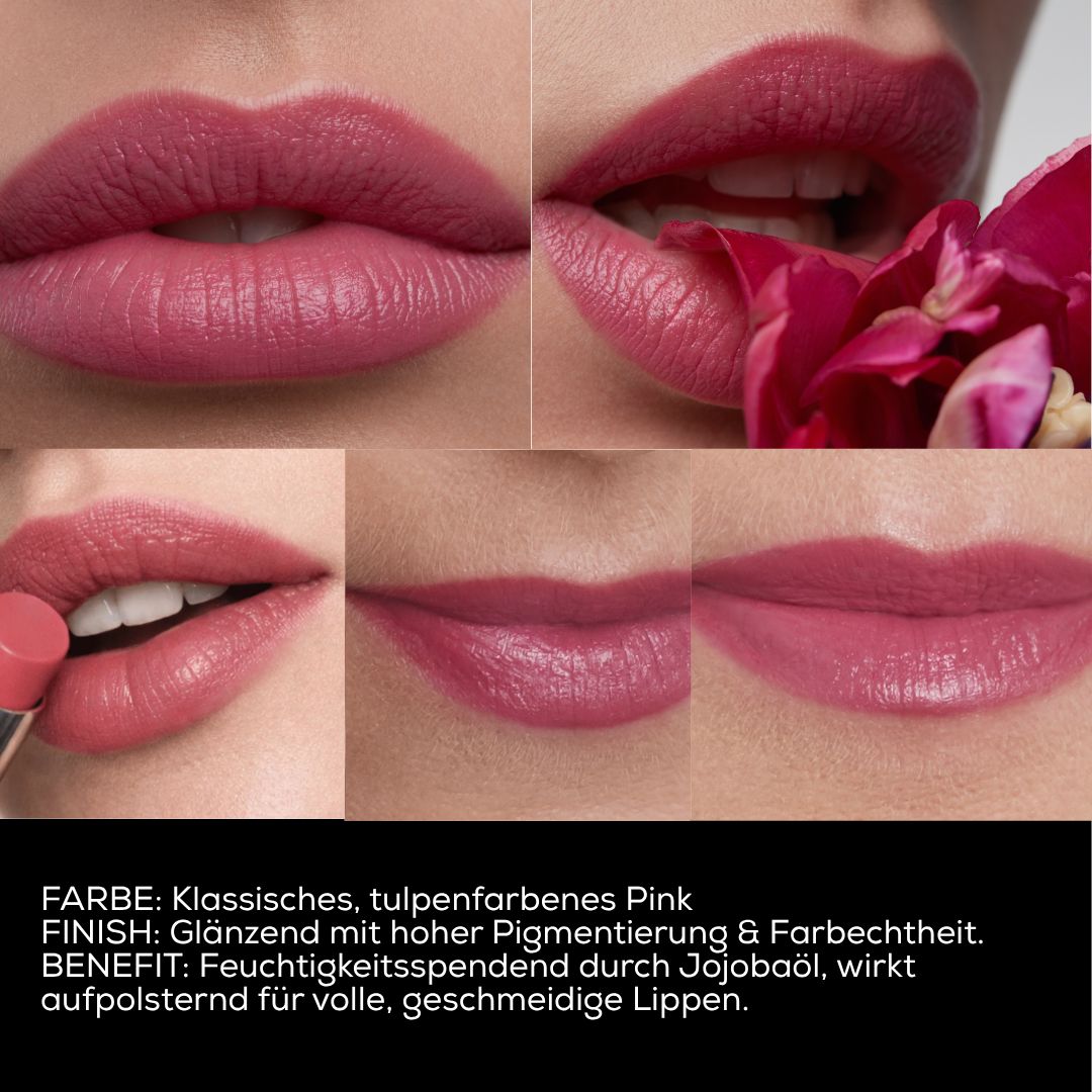 Nahaufnahmen von Lippen mit Lippenstift. Text beschreibt Farbe, Finish und Benefit. Klassisches, tulpenfarbenes Pink.