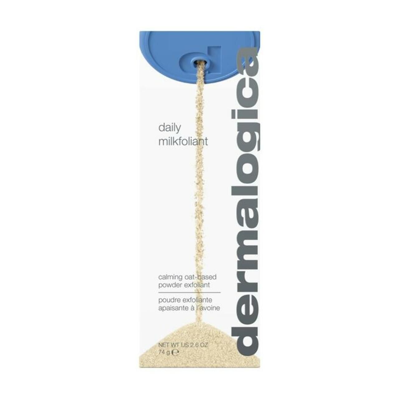 Produkt wird aus einer blauen Verpackung in eine weiße Schachtel gegossen. Marke: Dermalogica.