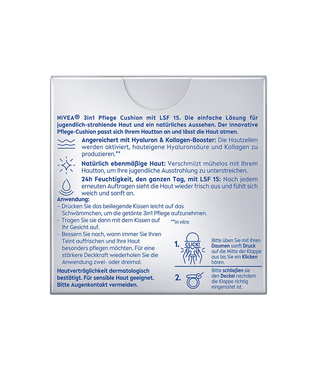 NIVEA 3in1 Pflege Cushion mit LSF 15. Enthält Hyaluron & Kollagen-Booster für jugendlich strahlende Haut.