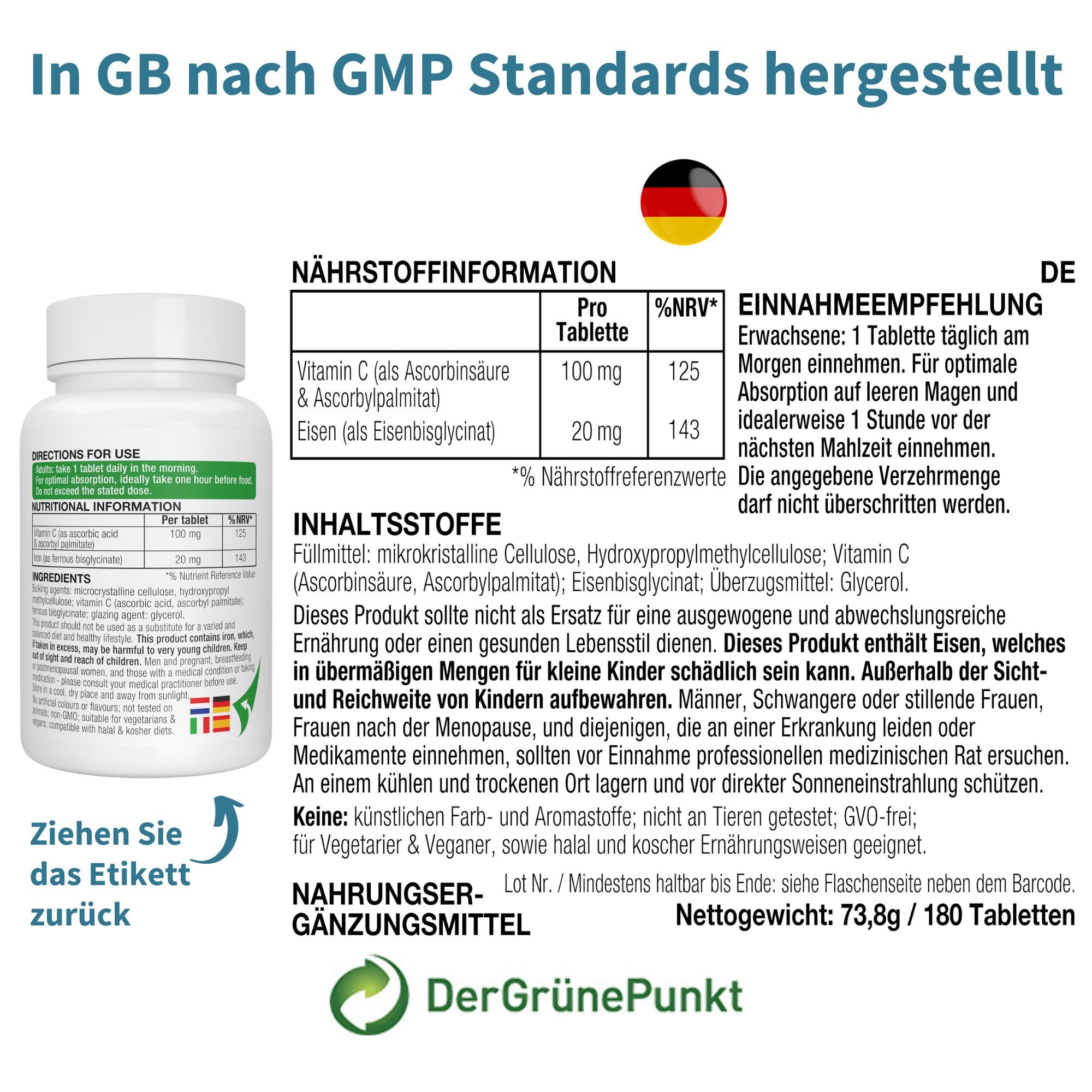 Rückseite der Igennus Eisenbisglycinat Flasche mit Nährwertangaben und Inhaltsstoffen.