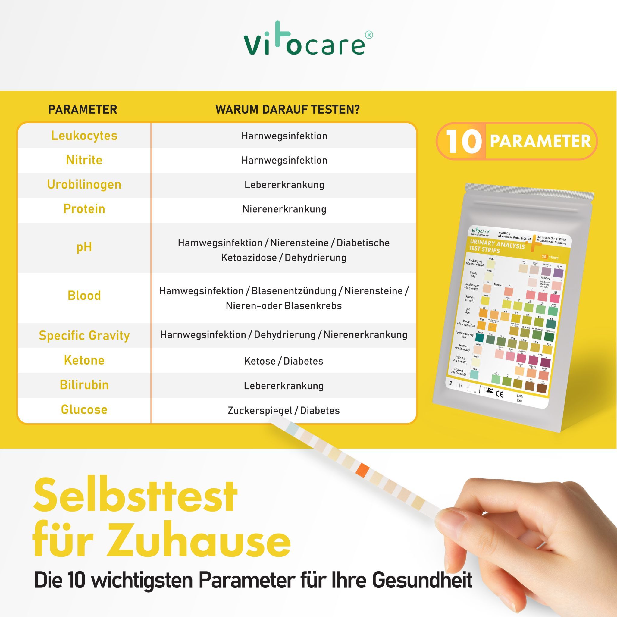 Vitocare Urinteststreifen für 10 Parameter, verpackt und ein Teststreifen in der Hand.
