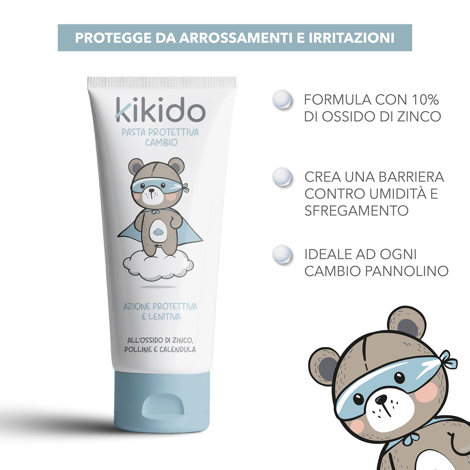 Weiße Tube mit blauem Verschluss. Aufschrift "kikido" und Bären-Illustration. Text: Pasta Protettiva Cambio. Zusätzliche Texte.
