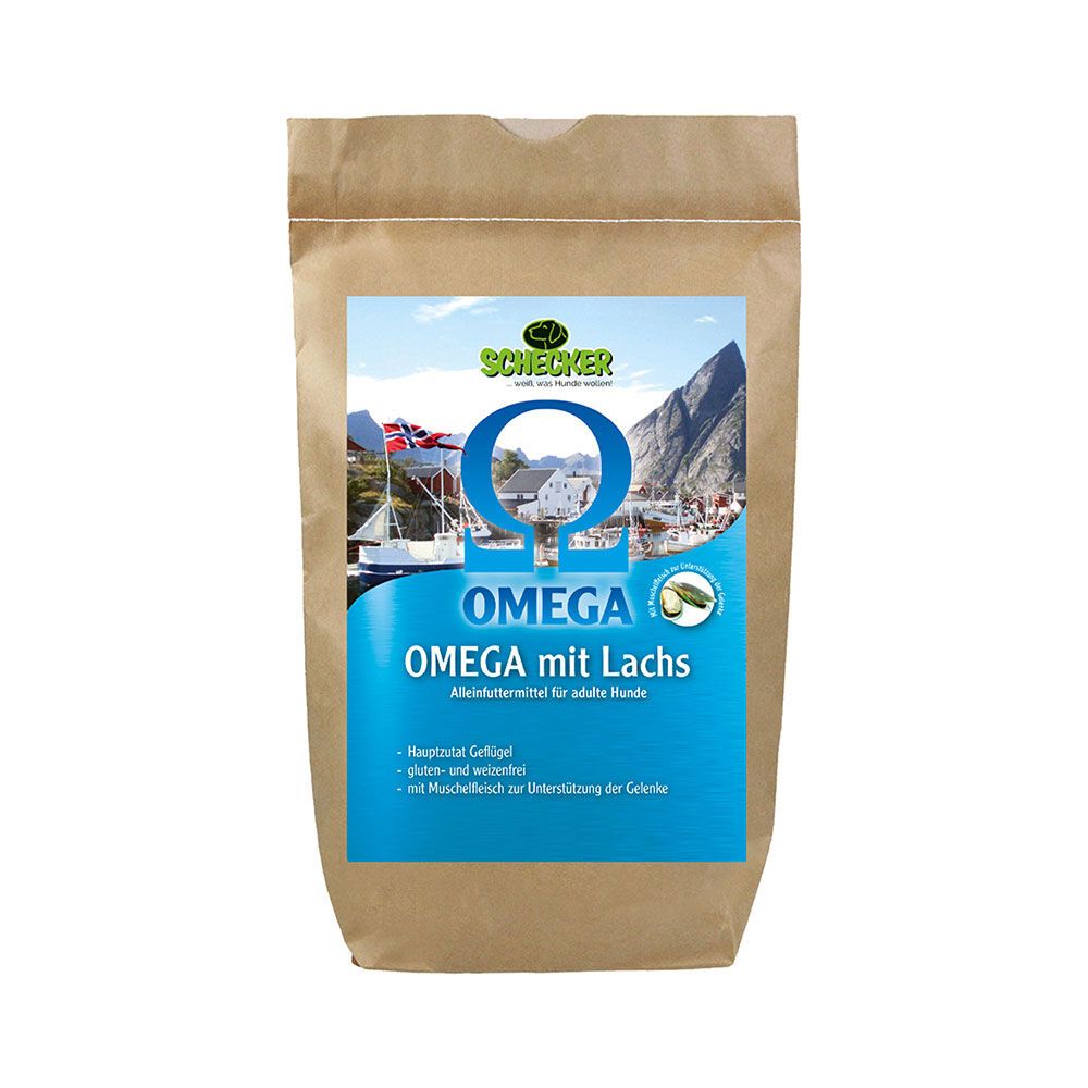 Braune Papiertüte mit blauem Etikett. Aufschrift: Omega mit Lachs. Logo: Schecker. Abbildung: Landschaft mit Booten.