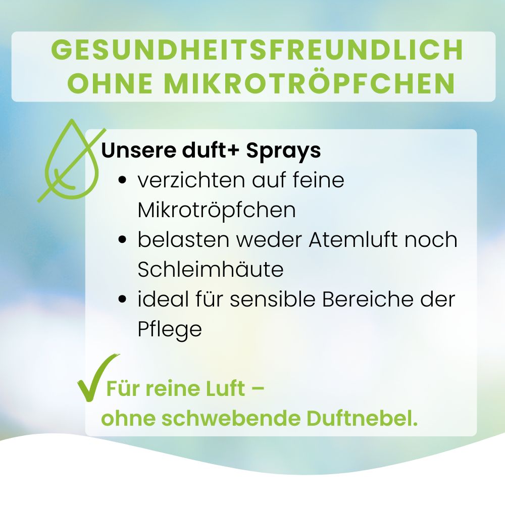 Infografik: "Gesundheitsfreundlich ohne Mikrotöpfchen". Vorteile des Sprays.