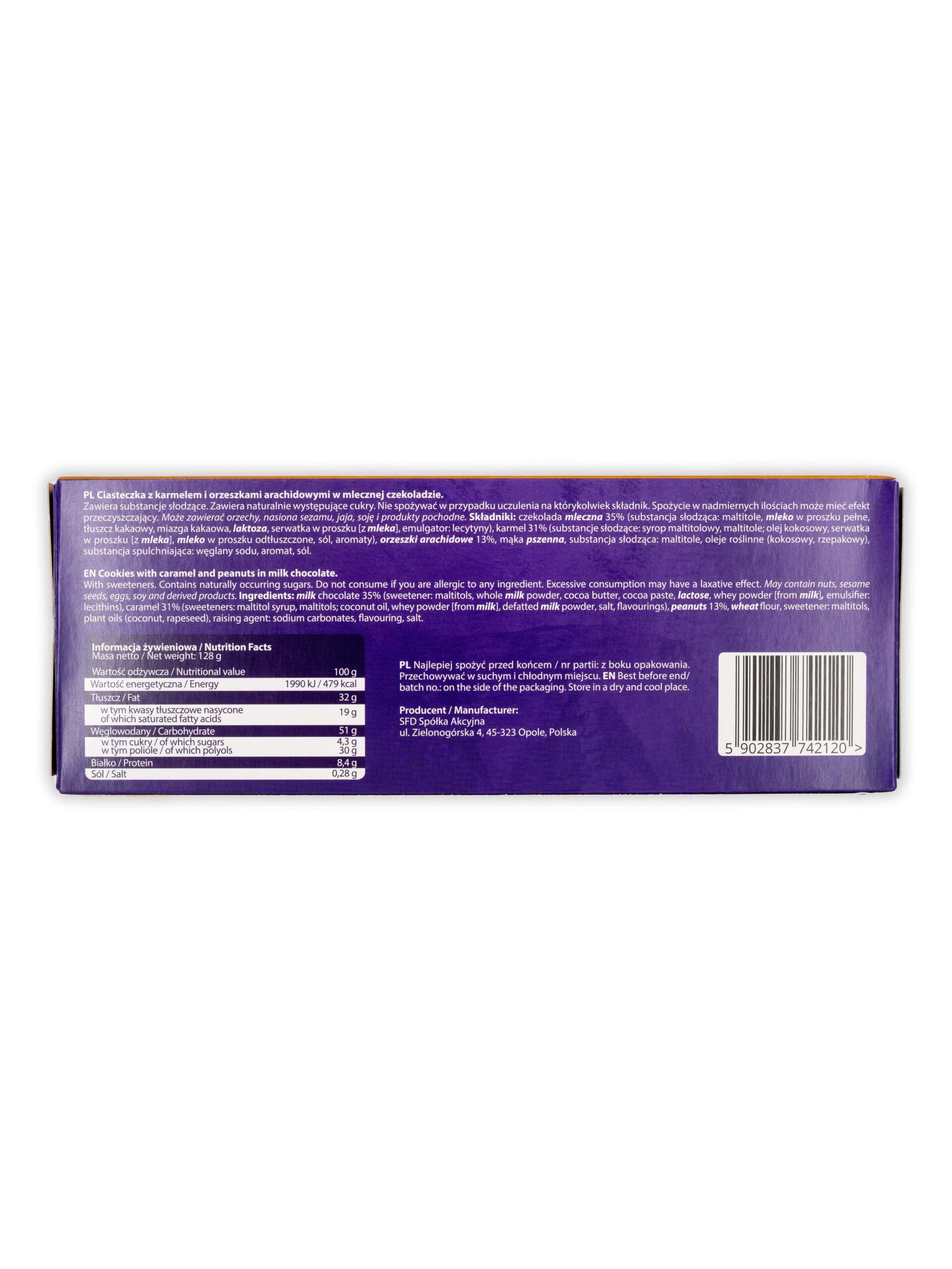 Rückseite der Verpackung von "NUTLOVE Milky Cookie Caramel Peanut". Enthält Nährwertangaben und Barcode.