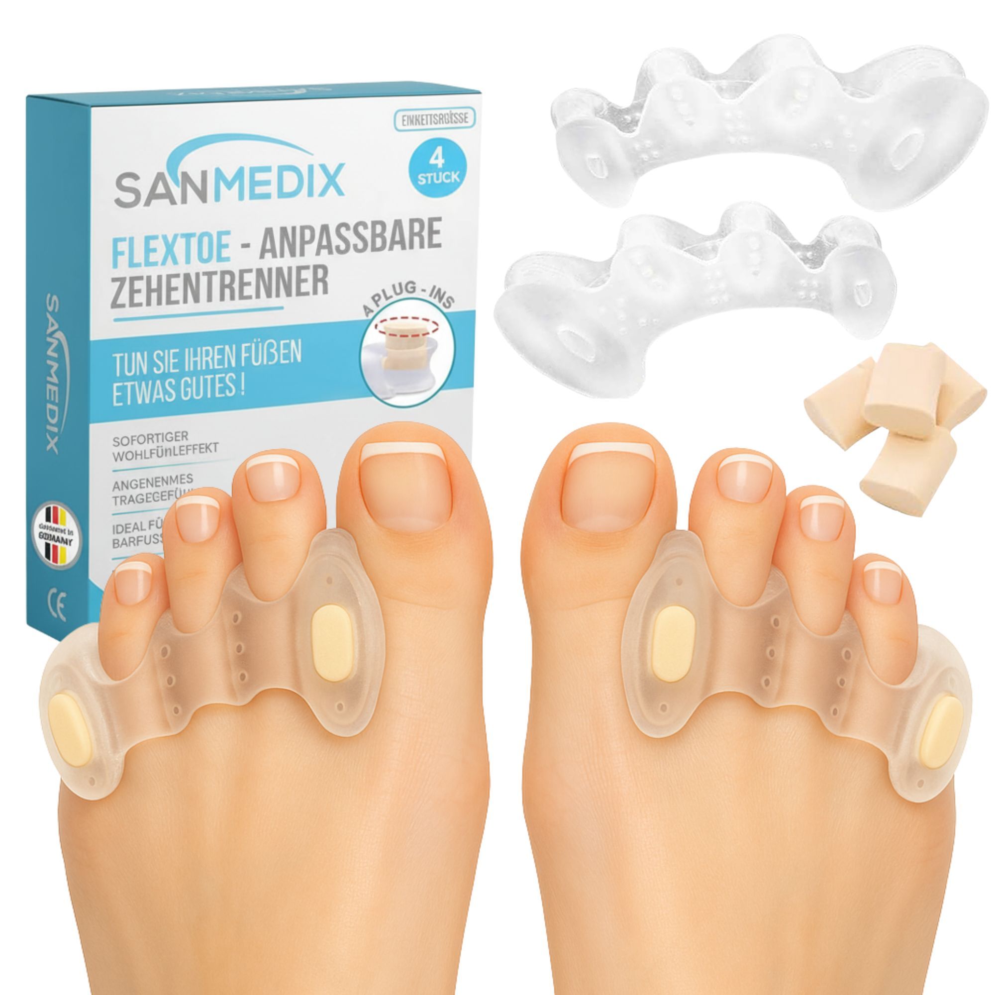 Produktverpackung und Füße mit Zehenspreizern. 4 Stück. Text: FlexToe - Anpassbare Zehentrenner. Tun Sie Ihren Füßen etwas Gutes! SANMEDIX Logo.