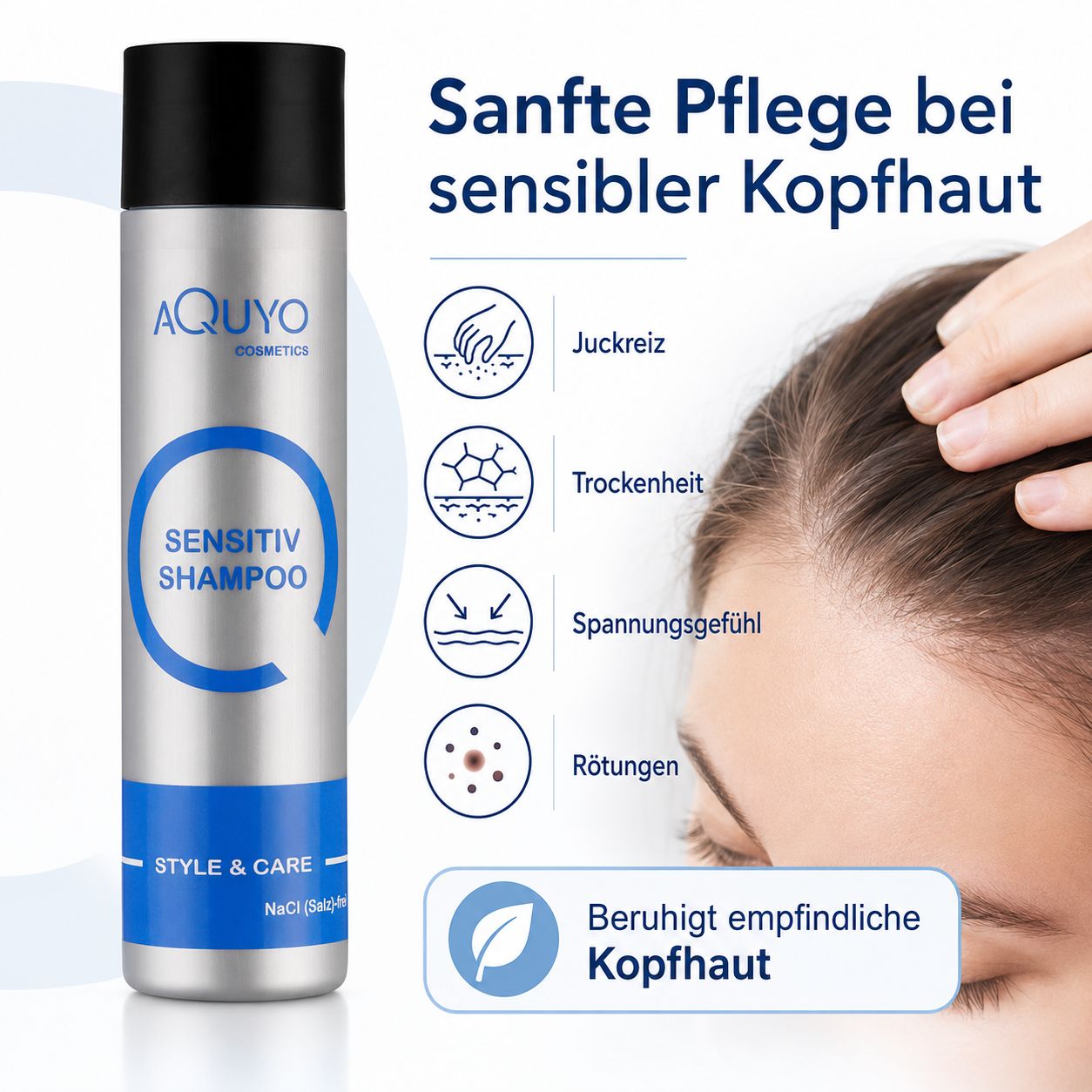 Flasche Sensitiv Shampoo neben Kopfhaut-Symbolen: Juckreiz, Trockenheit, Spannungsgefühl, Rötungen. "Sanfte Pflege bei sensibler Kopfhaut".