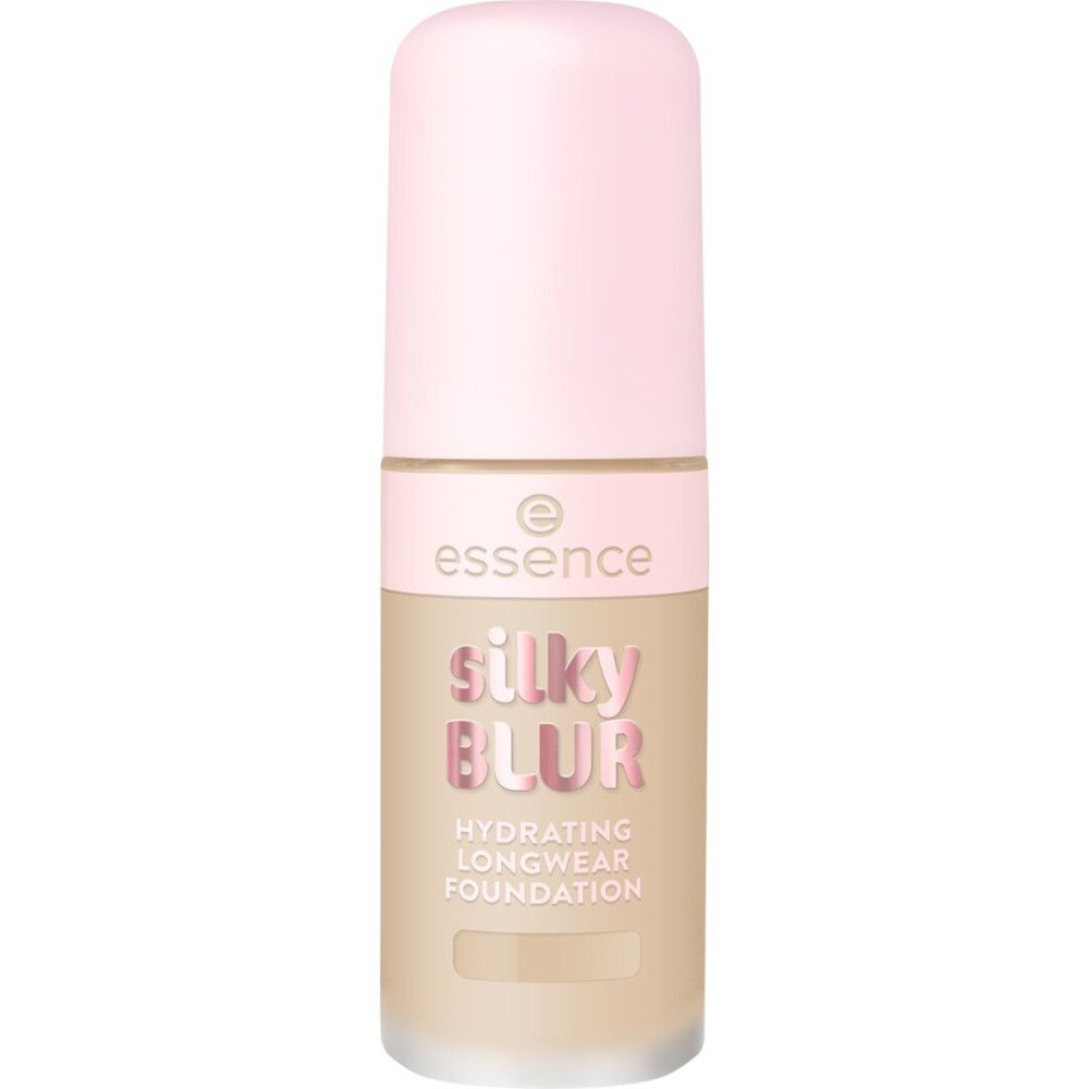 Foundation-Flasche mit rosa Deckel. Aufschrift: Essence, Silky Blur, Hydrating Longwear Foundation.