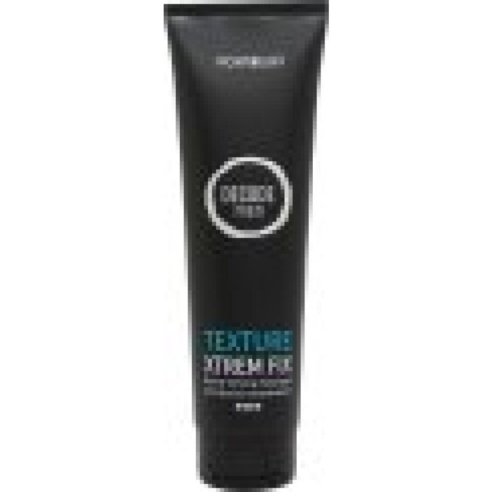 Schwarze Tube mit weißem und blauem Text. Oben steht MONTIBELLO. In einem Kreis steht DECODE MEN. Darunter TEXTURE XTREM FIX.