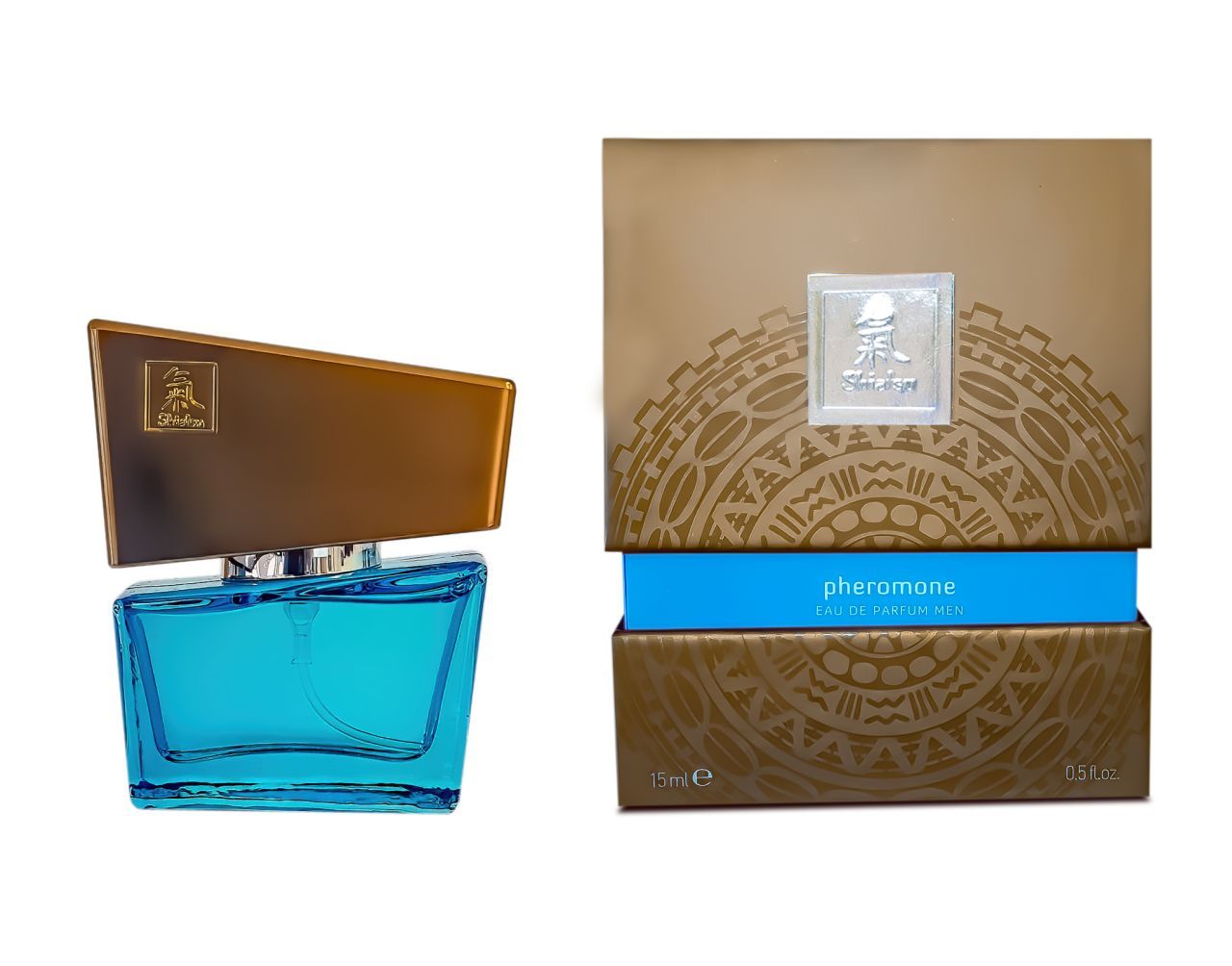 Türkisfarbene Glasflasche mit goldfarbenem Verschluss neben der Produktverpackung.