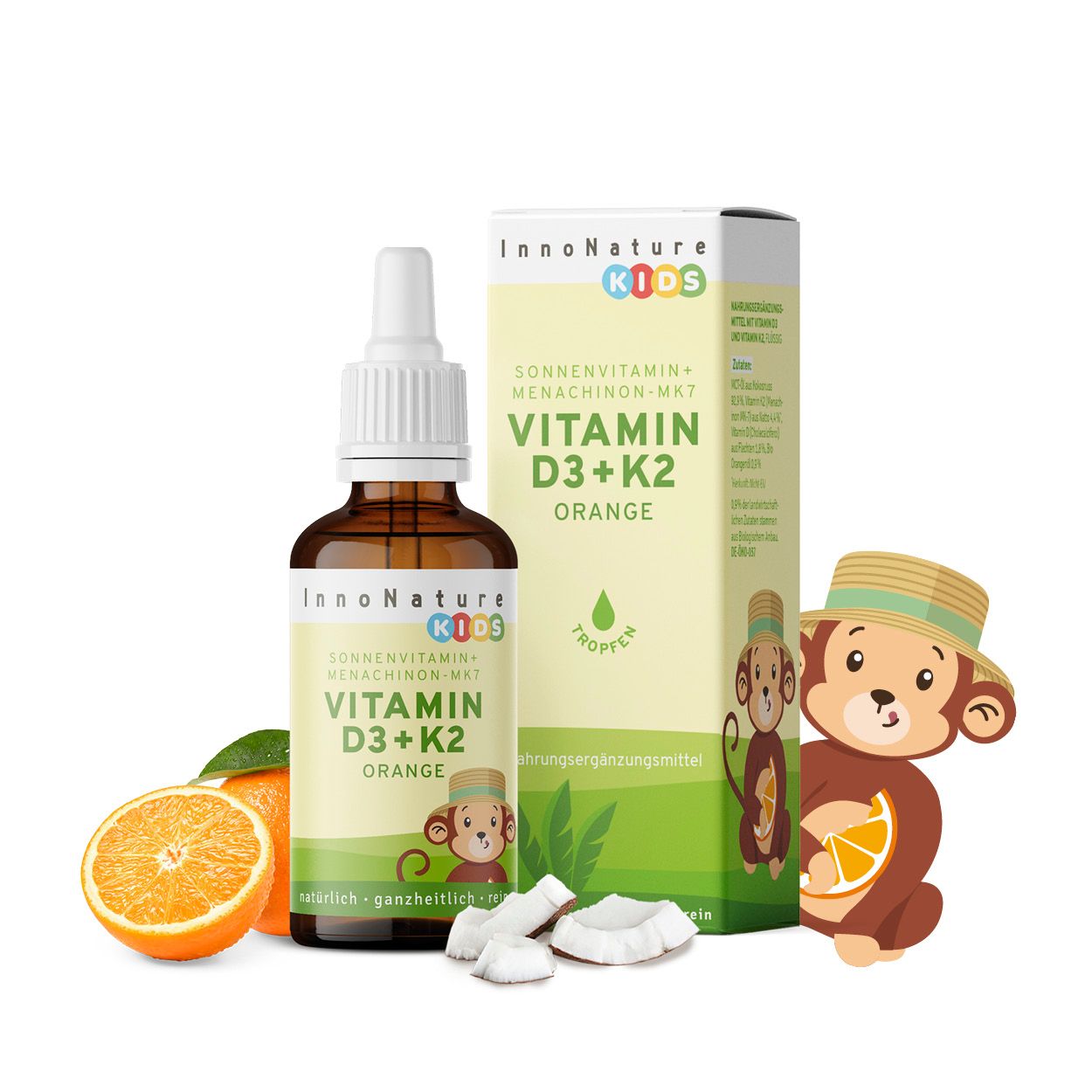 InnoNature Vitamin D3+K2 Kids Tropfen, Orange | mit Vitamin D und Vitamin K | vegan