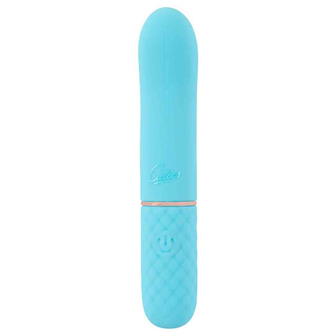 Türkisfarbener Vibrator mit Logo. Unterteil mit Rautenmuster, goldfarbener Ring. Power-Symbol.