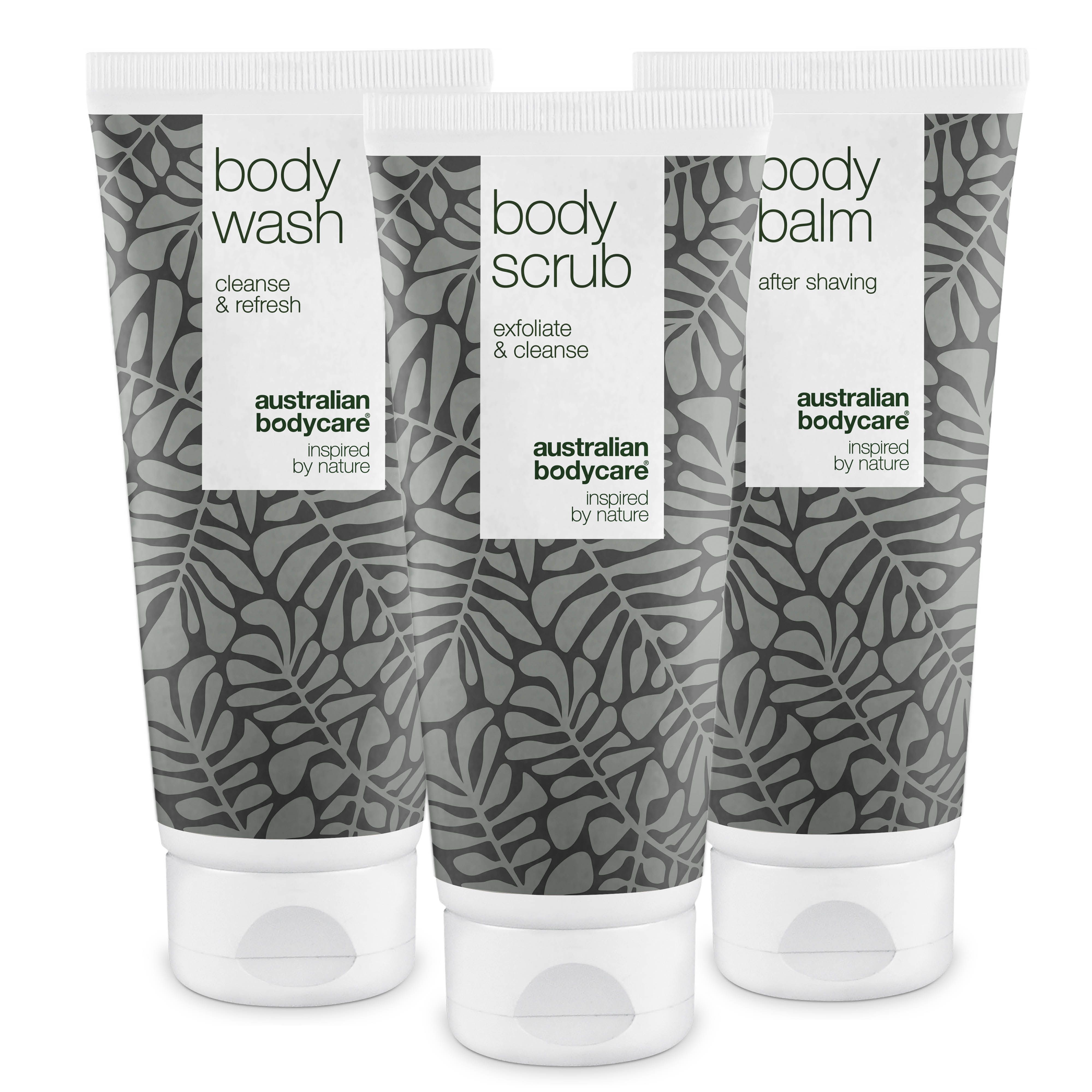Drei Tuben mit Körperpflegeprodukten. Aufschrift: Body Wash, Body Scrub, Body Balm. Marke: Australian Bodycare.