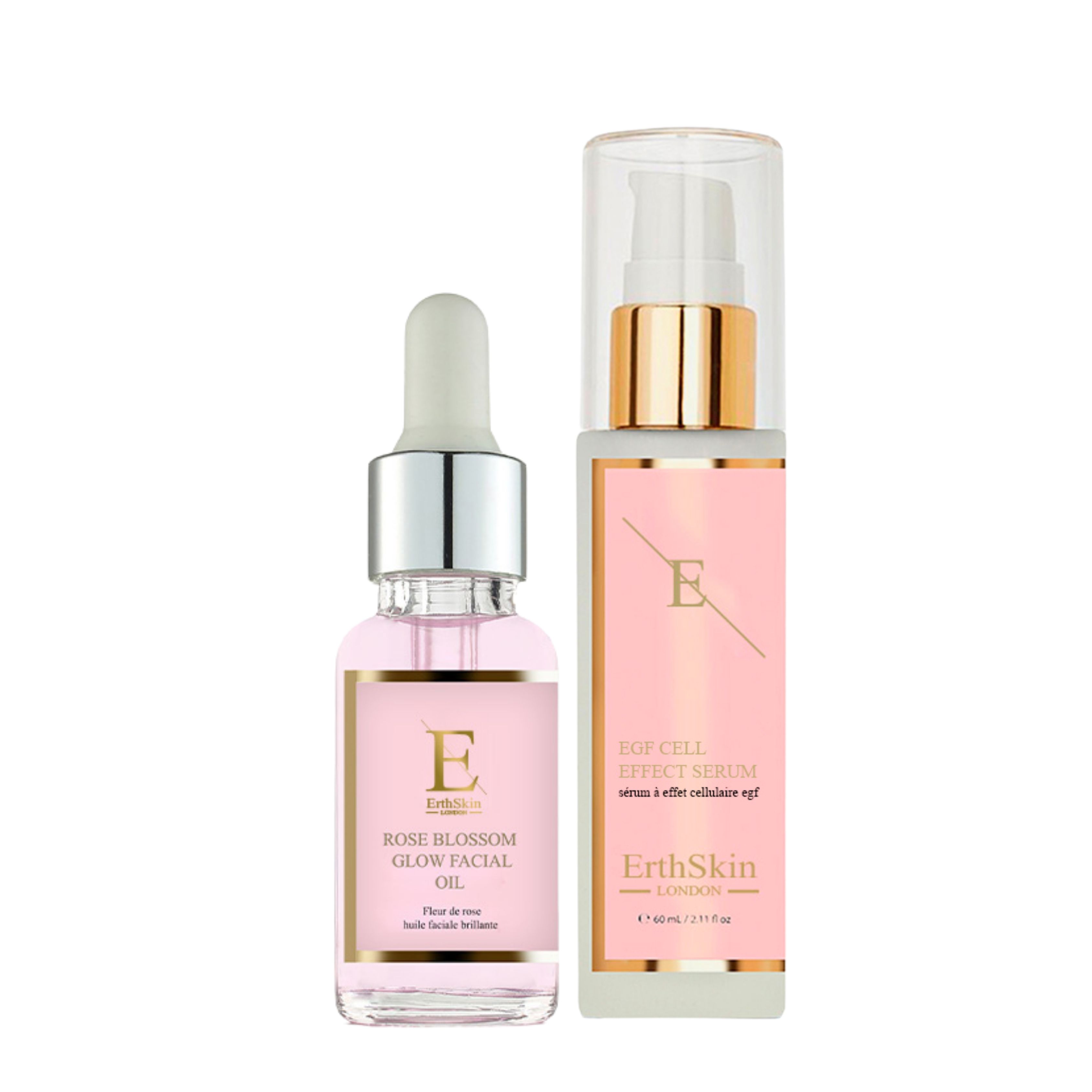 Twee flacons: serum en gezichtsolie. Roze etiketten met tekst en logo. Glazen flessen met zilveren en gouden accenten.