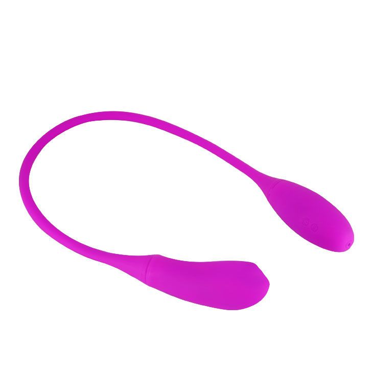 Lila Vibrator mit zwei abgerundeten Enden, verbunden durch einen flexiblen Stiel. Einfaches Design.