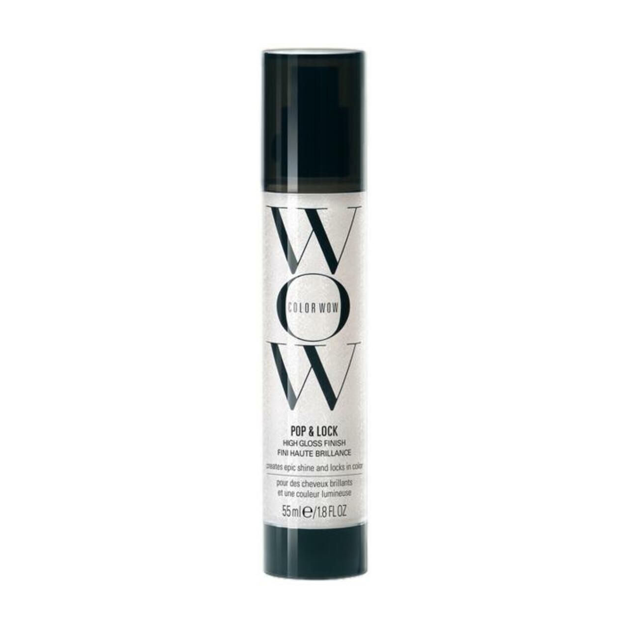 Zylindrische Flasche mit schwarzem Deckel. Aufschrift 'COLOR WOW' und 'POP & LOCK'.