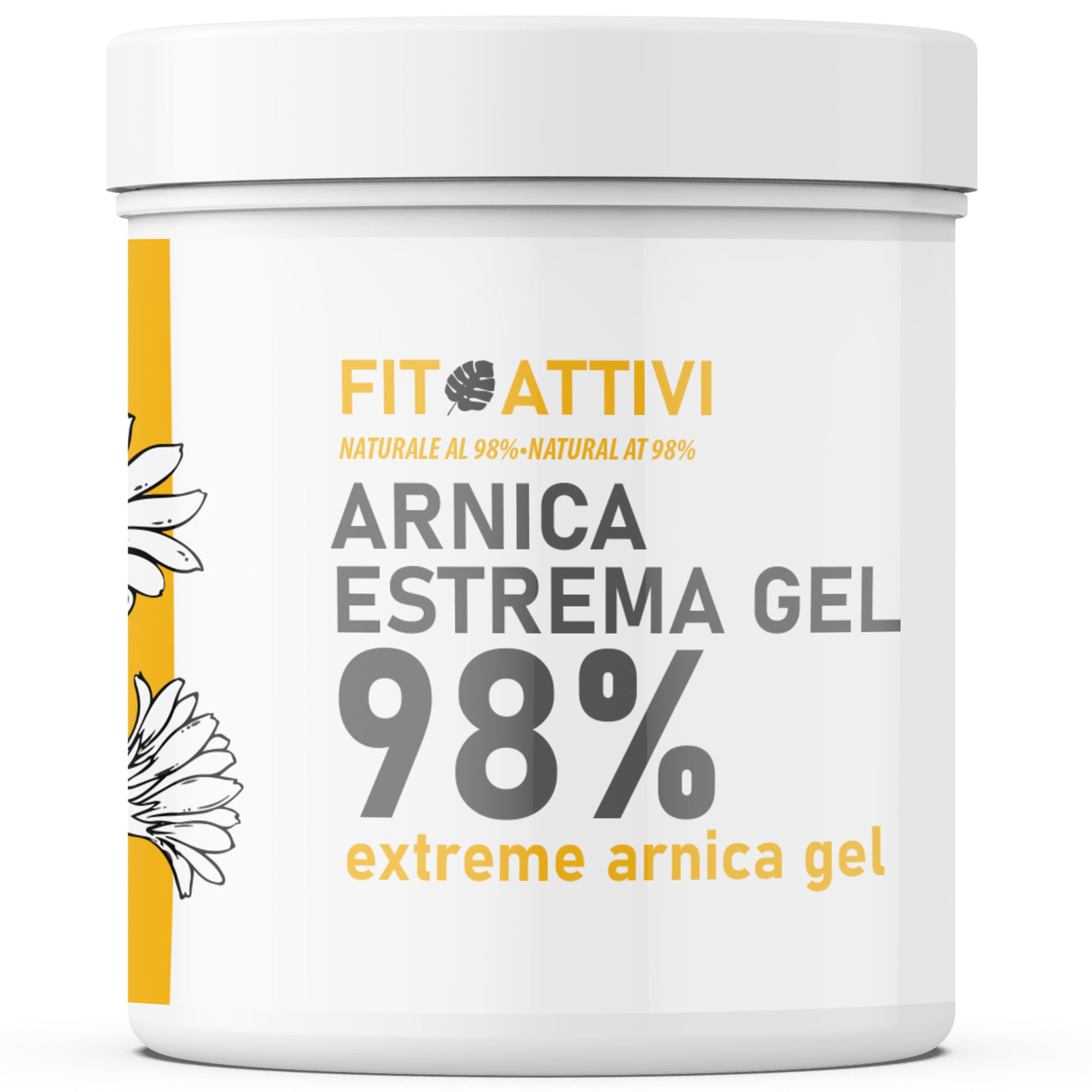 Weißer Tiegel mit Fitoattivi Arnika Extrem 98% Gel. Text: Extreme Arnika Gel. Natürliche Formel zu 98%.