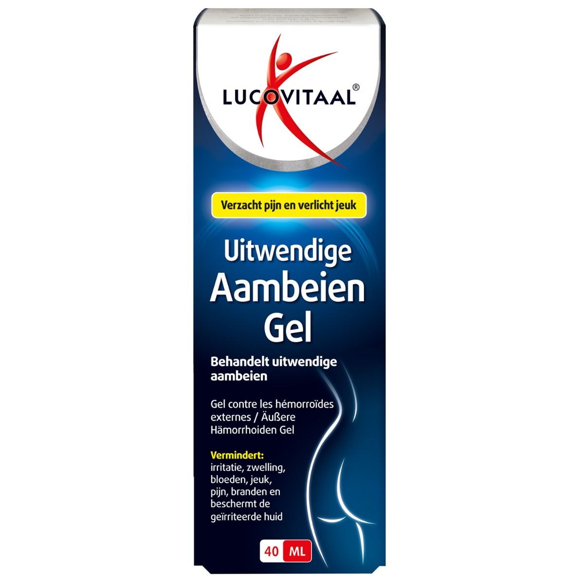 Boîte pliante bleue et blanche avec nom du produit et logo. Contient un gel pour hémorroïdes externes. 40 ml.