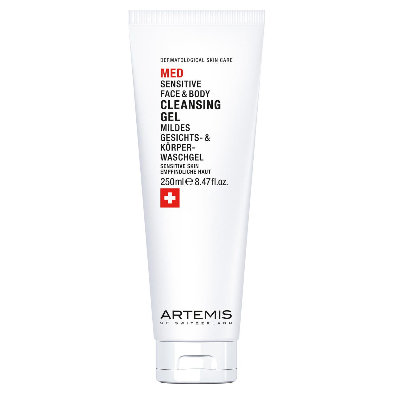 Weiße Tube mit roter Schrift. MED Sensitive Face & Body Cleansing Gel. Schweizer Kreuz.