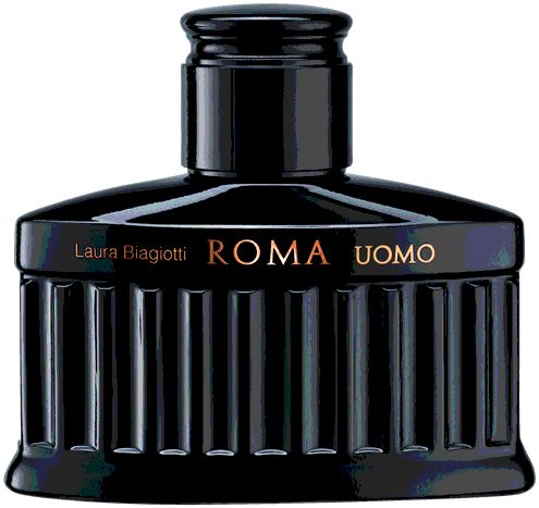 Schwarzer Laura Biagiotti Roma Uomo Eau de Parfum Flakon mit geripptem Design.