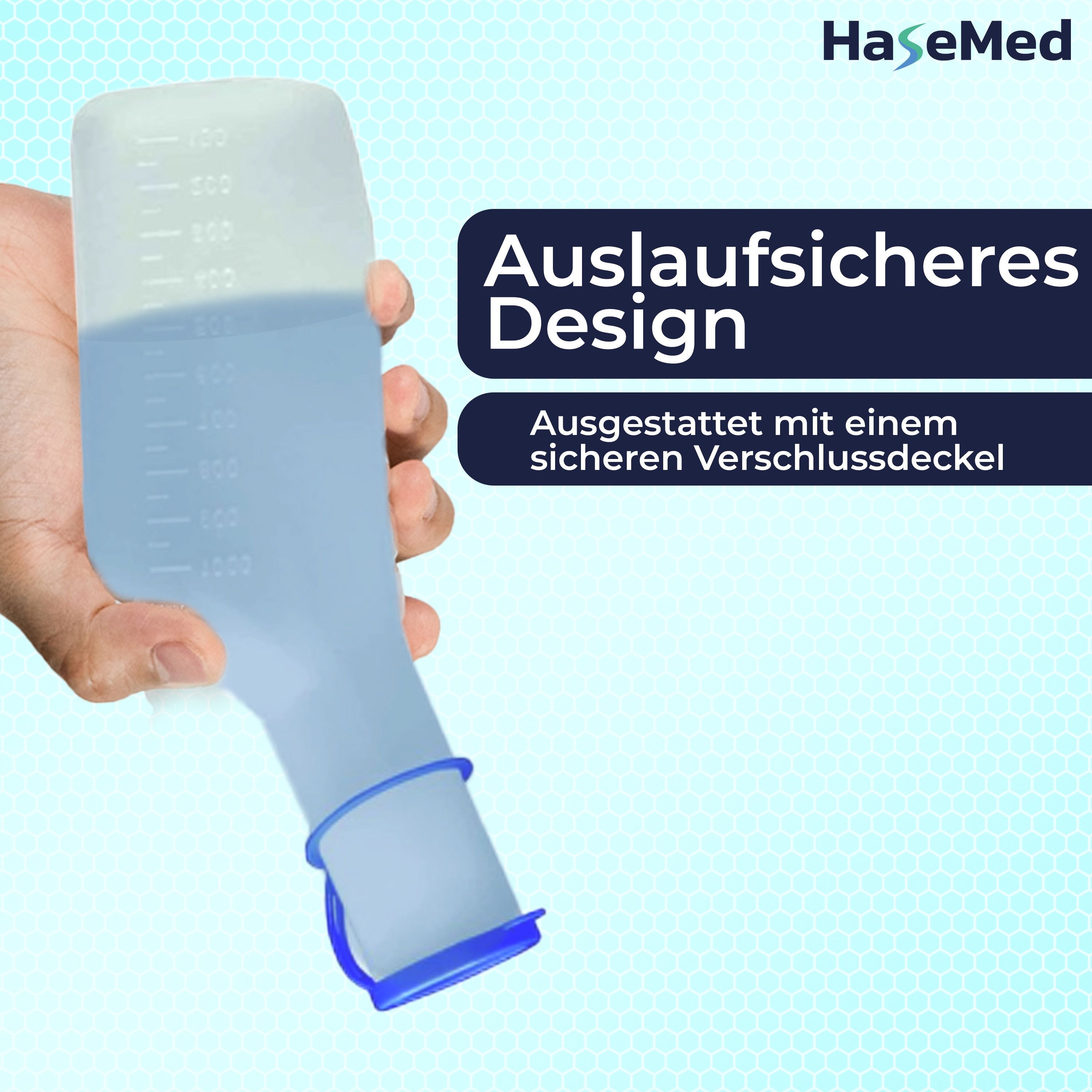 Urinflasche in Hand gehalten, gefüllt mit Flüssigkeit. Auslaufsicheres Design. Marke: HaseMed. Text: Auslaufsicheres Design.