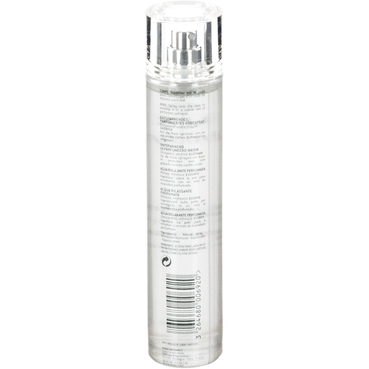 NUXE body Duftspray. Transparente Flasche mit Zerstäuber. Rückseite mit Text und Barcode. Klarer Inhalt.
