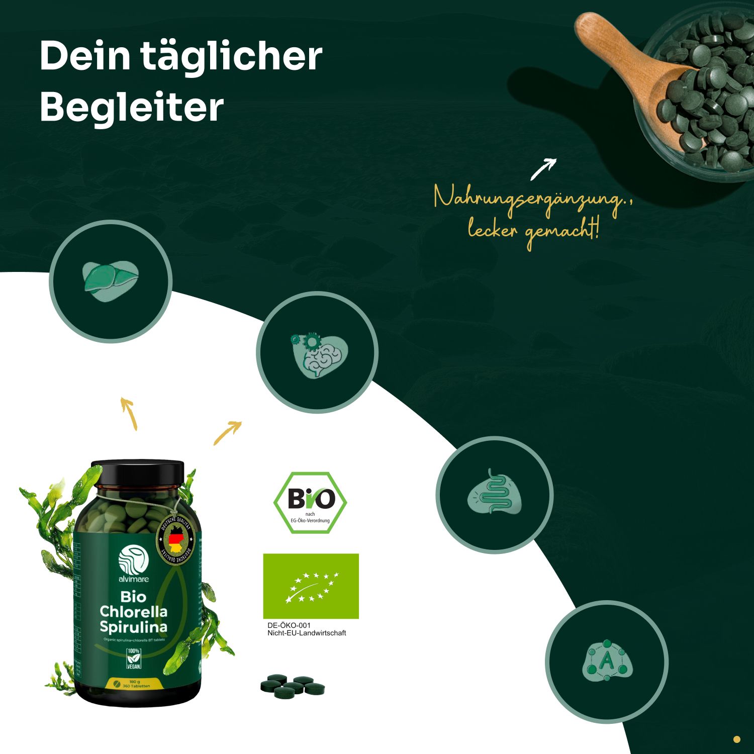 Flasche mit grünen Tabletten, daneben grüne Algen. Logos: Bio, EU-Landwirtschaft, und weitere Kreise mit Icons.