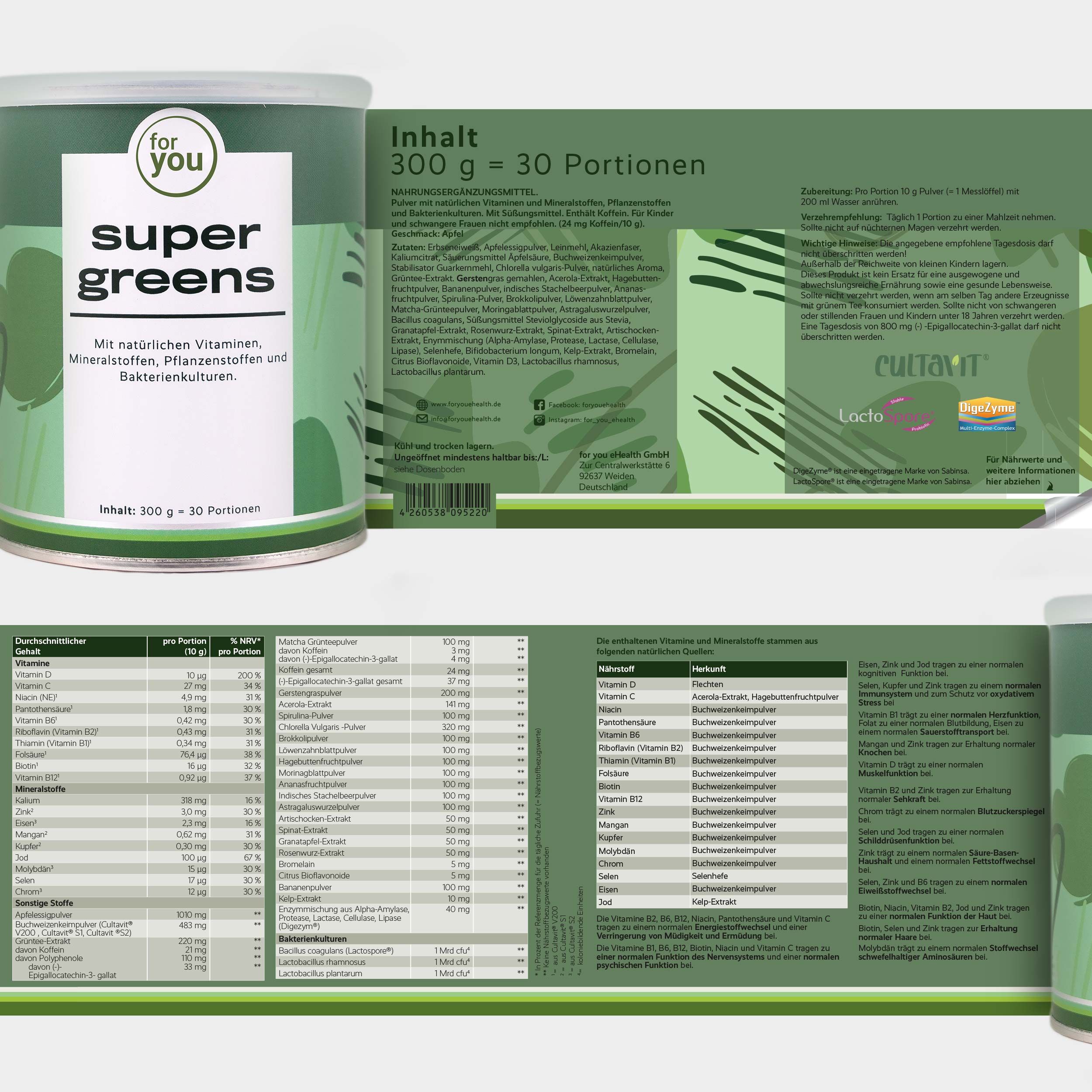 Dose 'super greens' mit Nährwertangaben und Inhaltsstoffen.