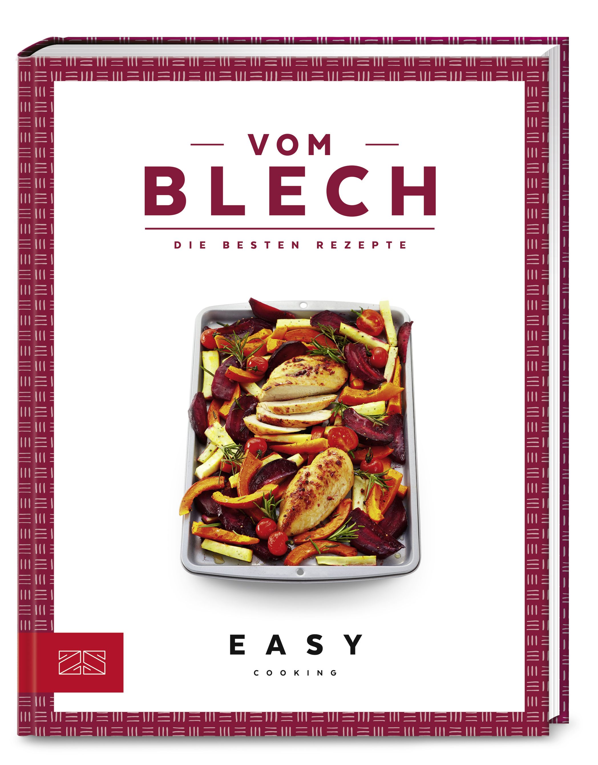 Buchcover mit Titel "Vom Blech" und Untertitel "Die besten Rezepte". Abbildung von gebratenem Hähnchen und Gemüse in einer Backform.