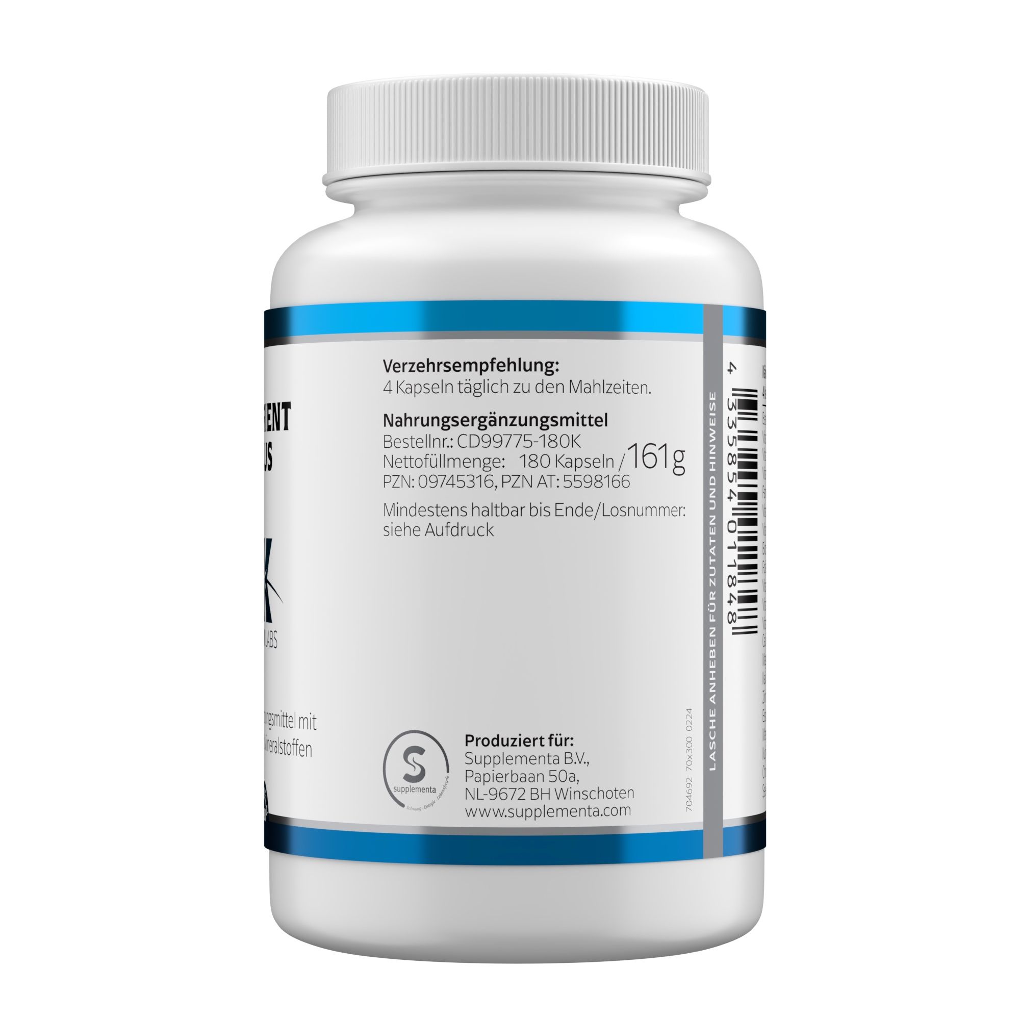 Rückseite einer weißen Flasche. Aufschrift: Nutrient Plus. Informationen zu Inhaltsstoffen und Verzehrempfehlung. 180 Kapseln.