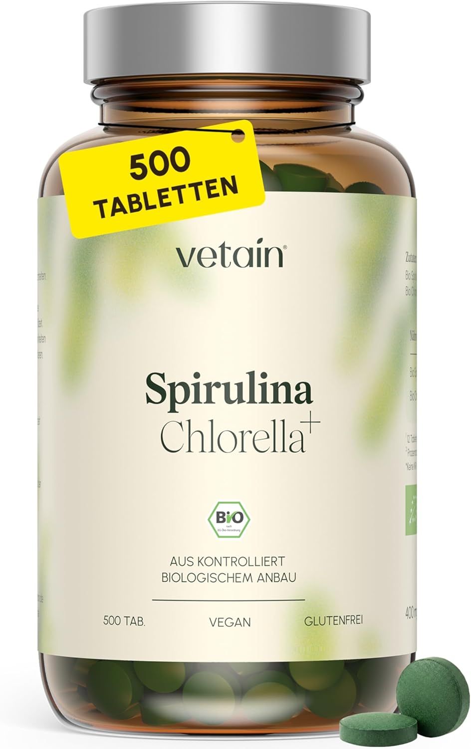 Vetain Bio Spirulina & Chlorella Tabletten – Hochdosiert: 4.800 mg pro Tag Vegan ohne Zusätze 500 St