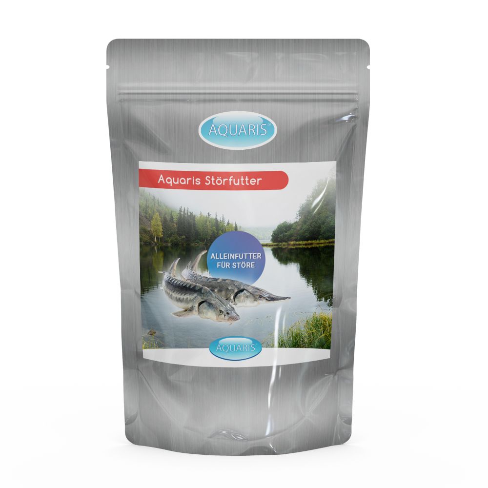 Verpackung von AQUARIS Störfutter. Aufdruck mit Produktname, Fischabbildung und Logo. Silberfarbene Tüte mit Sichtfenster.