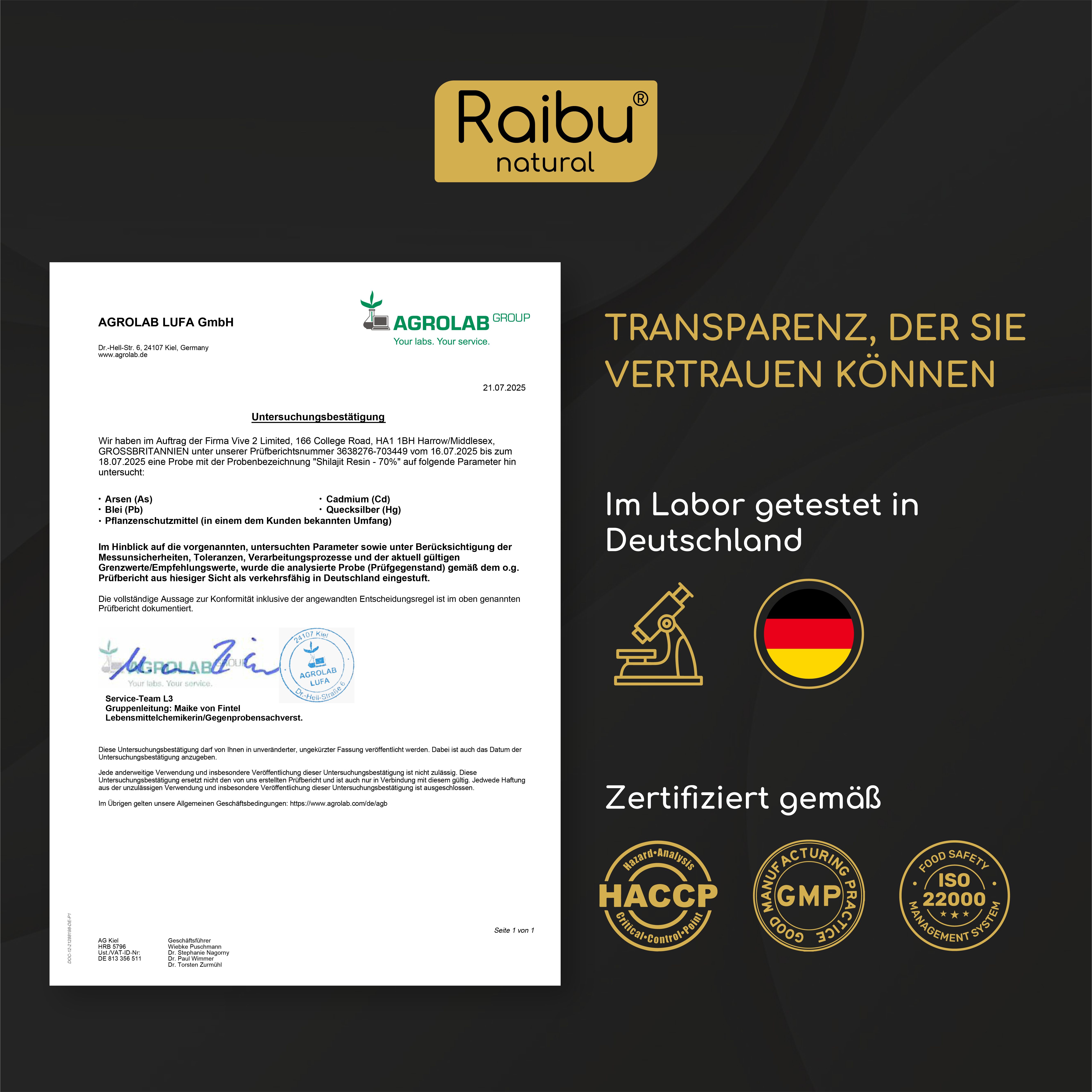 Zertifizierungsdokument. Text: Im Labor getestet in Deutschland. Zertifiziert gemäß HACCP, GMP, ISO 22000.