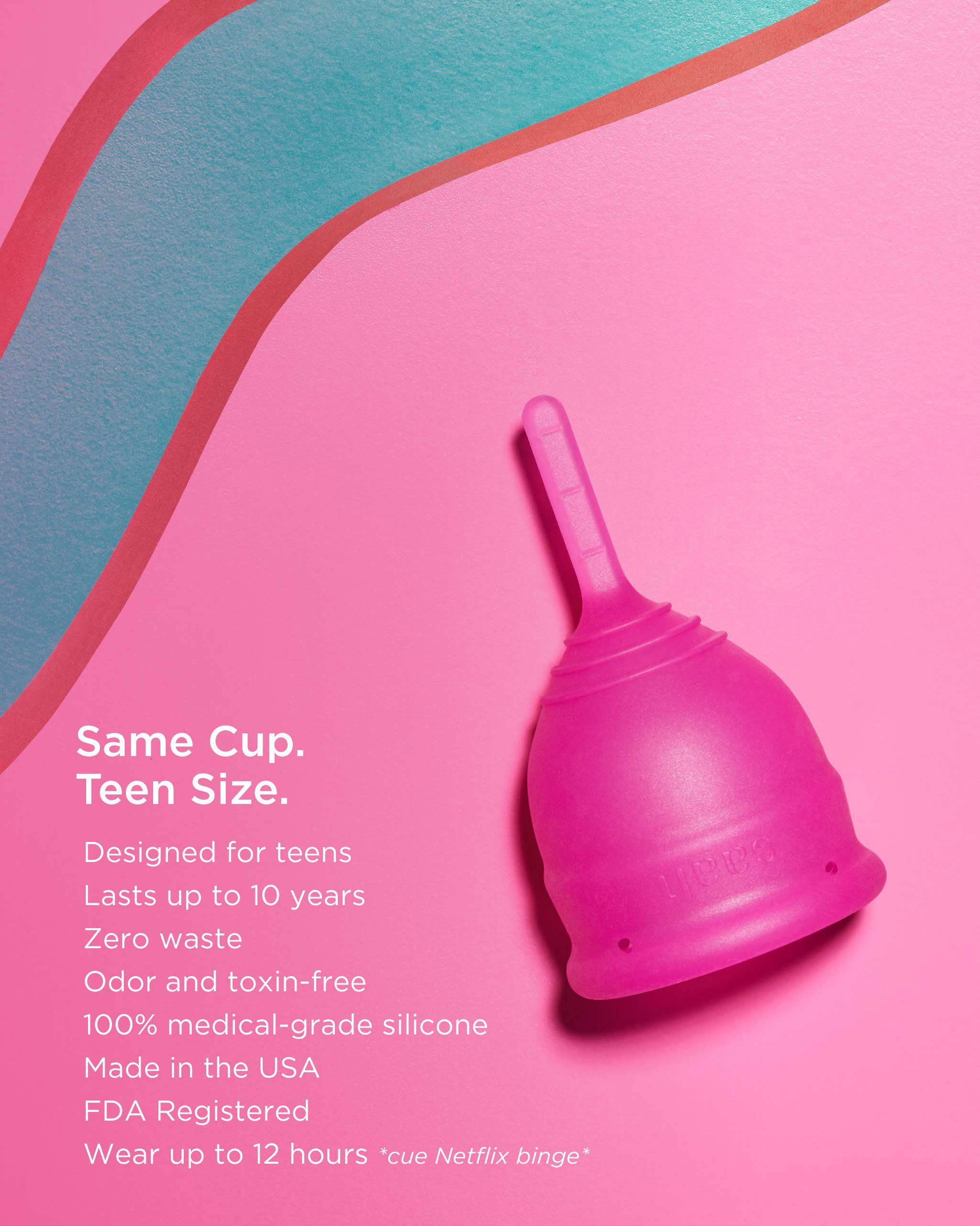 Pinker Saalt Teen Cup aus 100% medizinischem Silikon. Hält bis zu 10 Jahre, null Abfall.