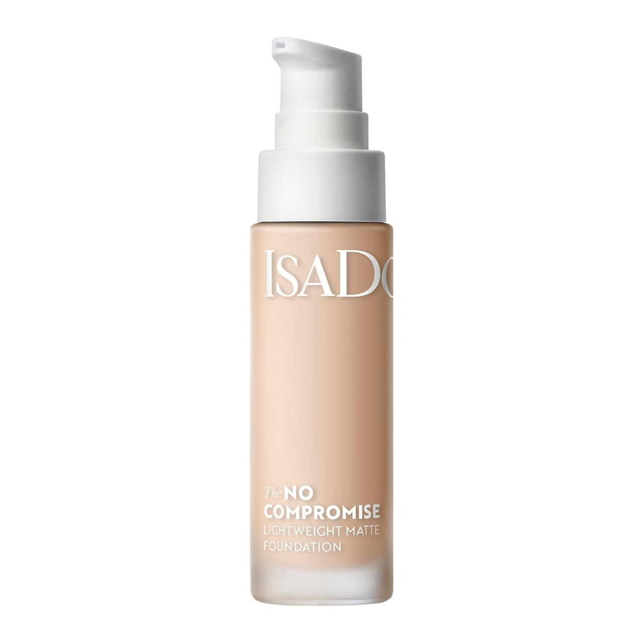 Flakon IsaDora No Compromise Matte Foundation. Weißer Pumpkopf, transparente Flasche mit beiger Foundation. Schriftzug IsaDora.