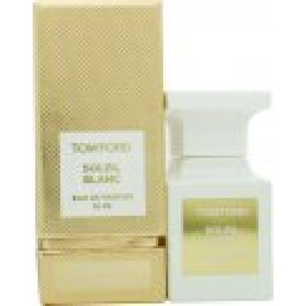 Weiße Flasche und goldfarbene Verpackung. Aufschrift: Tom Ford Soleil Blanc Eau de Parfum 30 ml. Flasche mit weißem Verschluss.