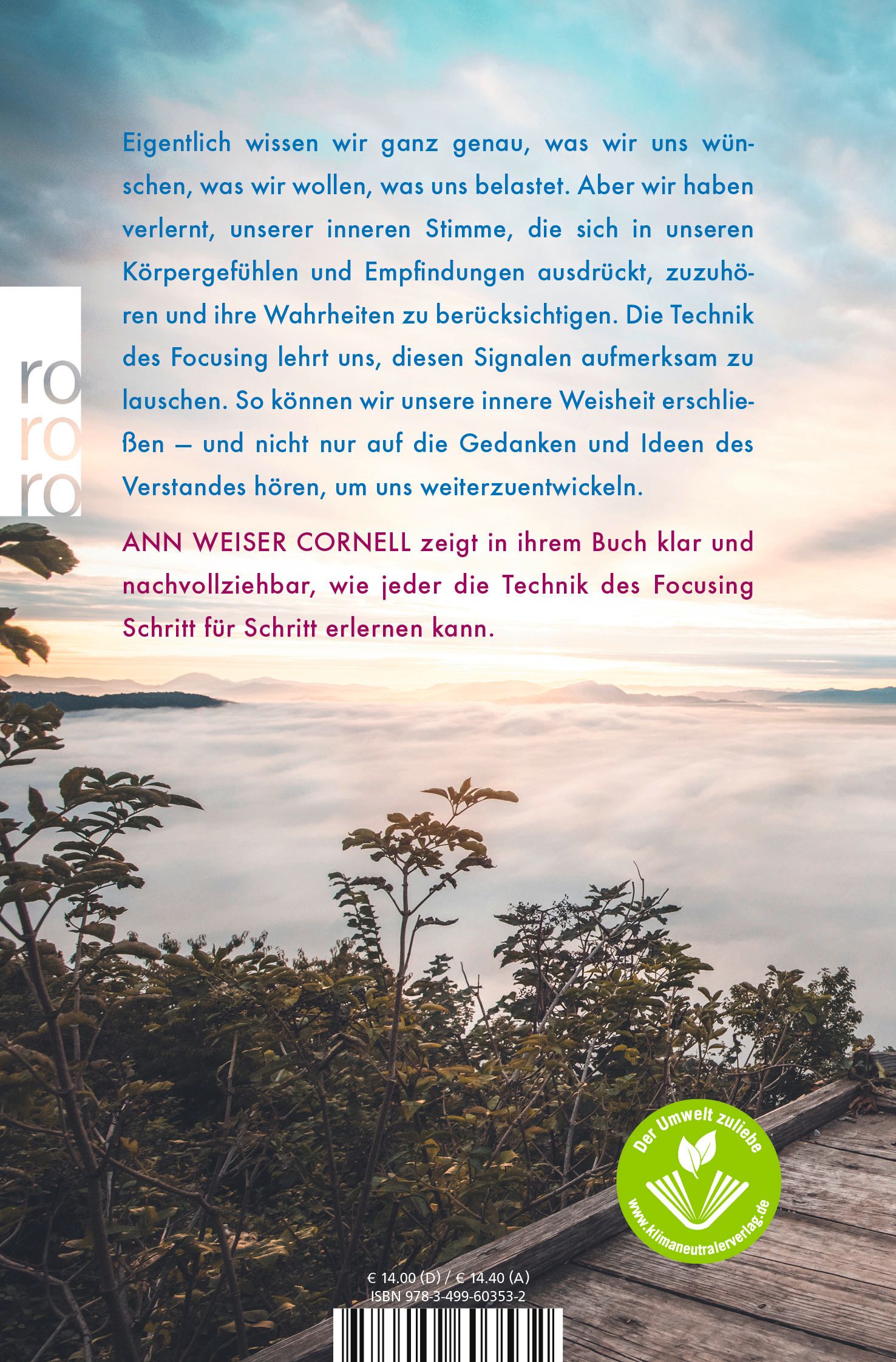 Buchrückseite: Text über Focusing. Autorin: Ann Weiser Cornell. Logo: Der Umwelt zuliebe. ISBN-Nummer.