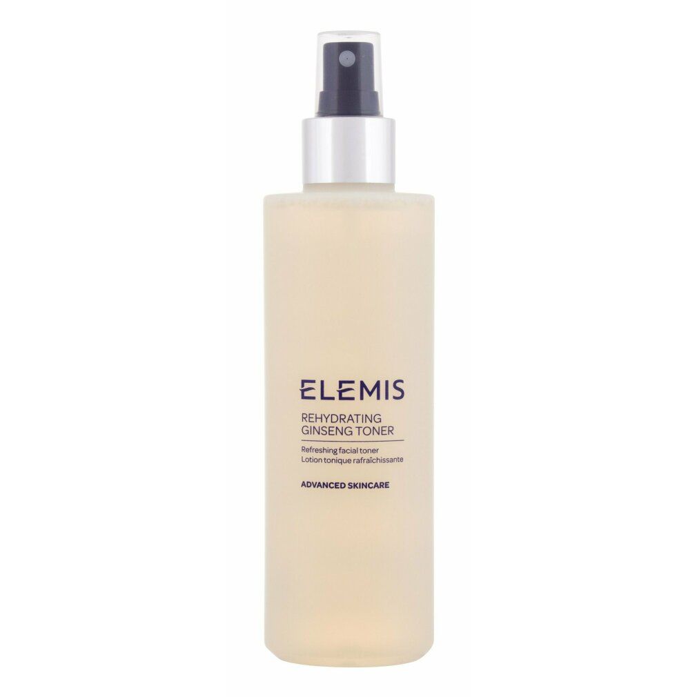 Produktflasche. Aufschrift: Elemis Rehydrating Ginseng Toner. Sprühflasche mit klarer Flüssigkeit. Grauer Sprühkopf.