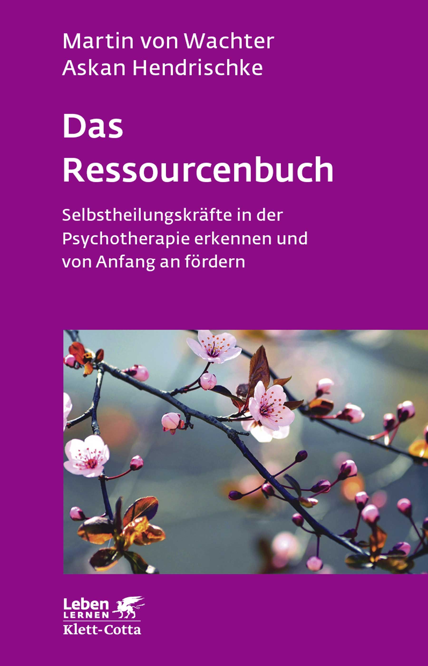 Buchcover mit Titel "Das Ressourcenbuch" und Autorennamen. Hintergrund: Zweig mit rosa Blüten vor unscharfem Hintergrund.