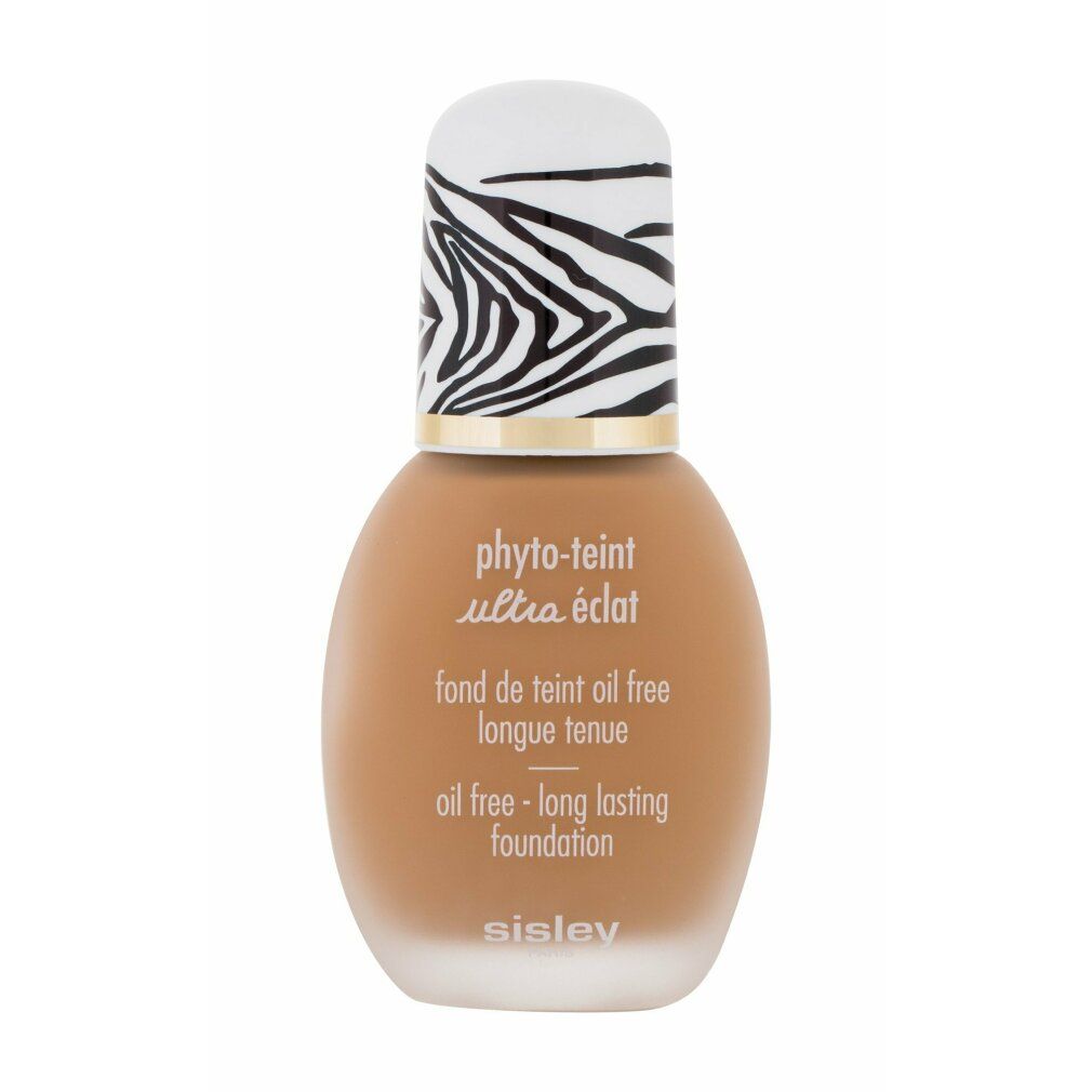 Sisley Phyto-Teint Ultra Eclat Foundation. Flasche mit Zebra-Muster-Deckel. Text: oil free - long lasting foundation.